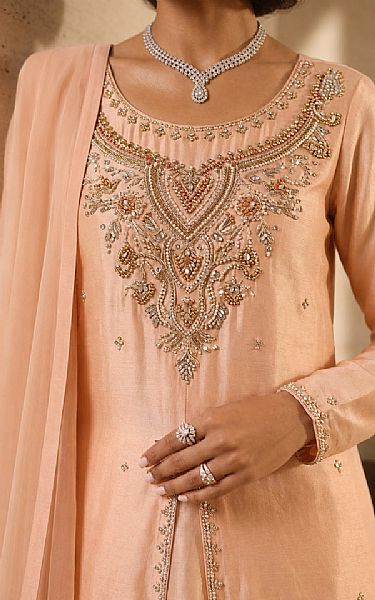 Mahveen Peach Tissue Silk Suit | Pakistani Embroidered Chiffon Dresses USA- Image 2