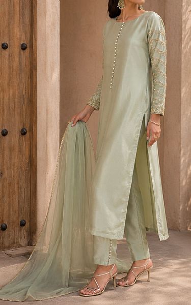 Mahveen Sage Green Tissue Silk Suit | Pakistani Embroidered Chiffon Dresses USA- Image 2