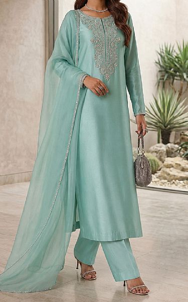 Mahveen Light Turquoise Tissue Silk Suit | Pakistani Embroidered Chiffon Dresses USA- Image 1