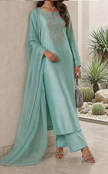 Mahveen Light Turquoise Tissue Silk Suit | Pakistani Embroidered Chiffon Dresses USA- Image 2