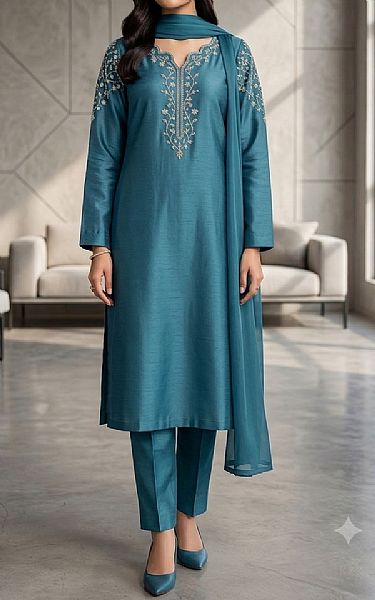 Mahveen Teal Raw Silk Suit | Pakistani Embroidered Chiffon Dresses USA- Image 1