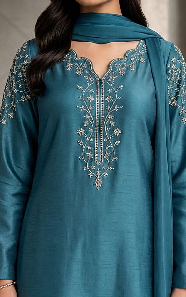 Mahveen Teal Raw Silk Suit | Pakistani Embroidered Chiffon Dresses USA- Image 2