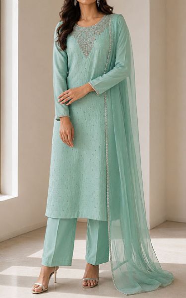 Mahveen Sea Green Crinkle Chiffon Suit | Pakistani Embroidered Chiffon Dresses USA- Image 1