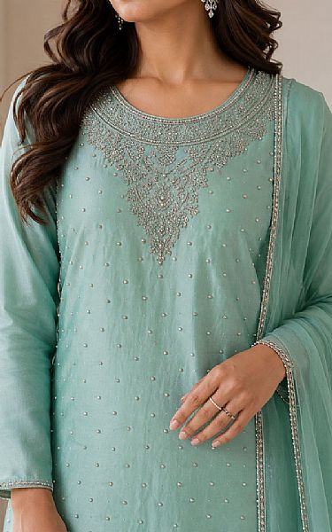 Mahveen Sea Green Crinkle Chiffon Suit | Pakistani Embroidered Chiffon Dresses USA- Image 2