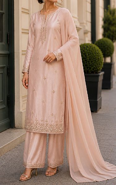 Mahveen Studio Peach Tissue Silk Suit | Pakistani Embroidered Chiffon Dresses USA- Image 1