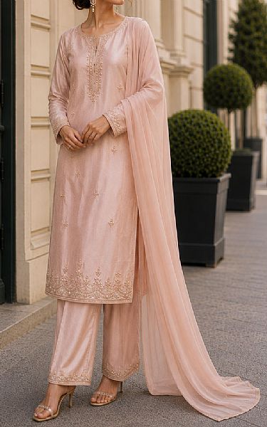 Mahveen Studio Peach Tissue Silk Suit | Pakistani Embroidered Chiffon Dresses USA- Image 2