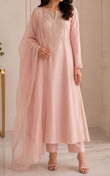 Mahveen Studio Rose Pink Tissue Silk Suit | Pakistani Embroidered Chiffon Dresses USA- Image 1