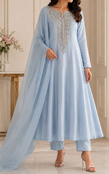 Mahveen Studio Baby Blue Tissue Silk Suit | Pakistani Embroidered Chiffon Dresses USA- Image 1