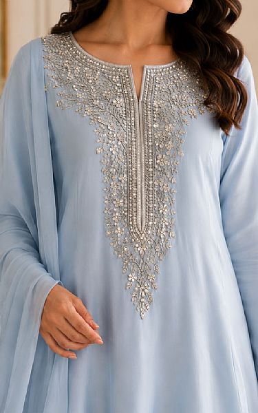 Mahveen Studio Baby Blue Tissue Silk Suit | Pakistani Embroidered Chiffon Dresses USA- Image 2
