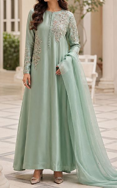 Mahveen Studio Sea Green Tissue Silk Suit | Pakistani Embroidered Chiffon Dresses USA- Image 1