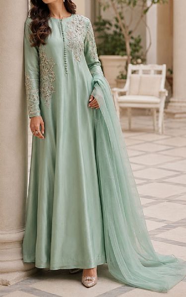 Mahveen Studio Sea Green Tissue Silk Suit | Pakistani Embroidered Chiffon Dresses USA- Image 2