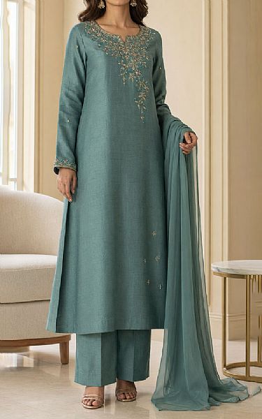 Mahveen Studio Teal Tissue Silk Suit | Pakistani Embroidered Chiffon Dresses USA- Image 1