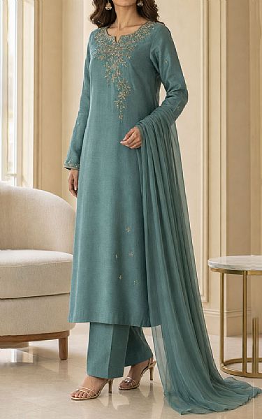 Mahveen Studio Teal Tissue Silk Suit | Pakistani Embroidered Chiffon Dresses USA- Image 2