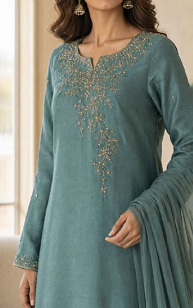 Mahveen Studio Teal Tissue Silk Suit | Pakistani Embroidered Chiffon Dresses USA- Image 3