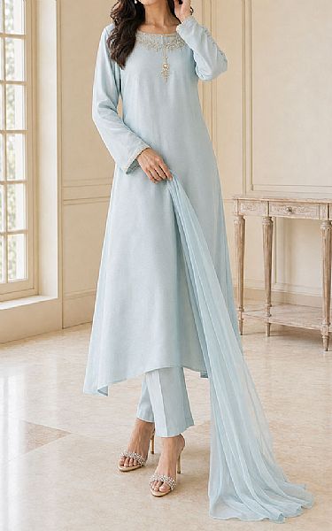 Mahveen Studio Light Blue Silk Suit | Pakistani Embroidered Chiffon Dresses USA- Image 2