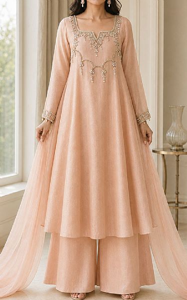 Mahveen Studio Peach Tissue Silk Suit | Pakistani Embroidered Chiffon Dresses USA- Image 1