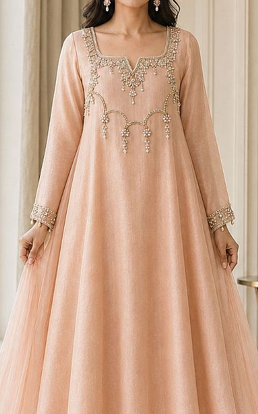 Mahveen Studio Peach Tissue Silk Suit | Pakistani Embroidered Chiffon Dresses USA- Image 2