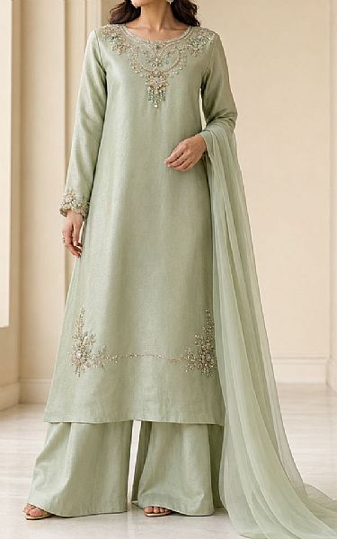 Mahveen Studio Sage Green Tissue Silk Suit | Pakistani Embroidered Chiffon Dresses USA- Image 1