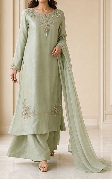 Mahveen Studio Sage Green Tissue Silk Suit | Pakistani Embroidered Chiffon Dresses USA- Image 2