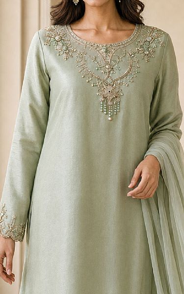 Mahveen Studio Sage Green Tissue Silk Suit | Pakistani Embroidered Chiffon Dresses USA- Image 3