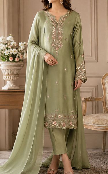 Mahveen Studio Pistachio Green Tissue Silk Suit | Pakistani Embroidered Chiffon Dresses USA- Image 1