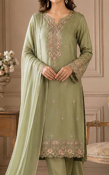 Mahveen Studio Pistachio Green Tissue Silk Suit | Pakistani Embroidered Chiffon Dresses USA- Image 2