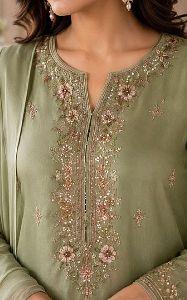 Mahveen Studio Pistachio Green Tissue Silk Suit | Pakistani Embroidered Chiffon Dresses USA- Image 3
