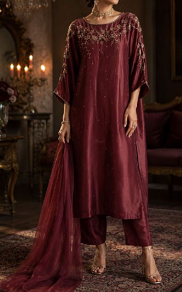 Mahveen Studio Maroon Tissue Silk Suit | Pakistani Embroidered Chiffon Dresses USA- Image 1