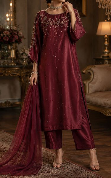 Mahveen Studio Maroon Tissue Silk Suit | Pakistani Embroidered Chiffon Dresses USA- Image 2