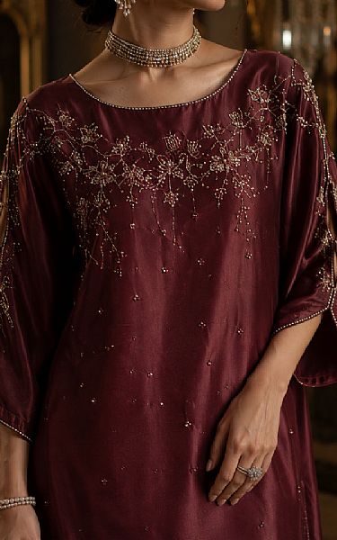 Mahveen Studio Maroon Tissue Silk Suit | Pakistani Embroidered Chiffon Dresses USA- Image 3