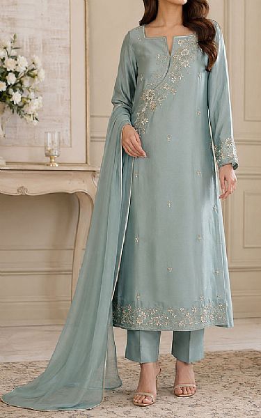 Mahveen Studio Light Turquoise Tissue Silk Suit | Pakistani Embroidered Chiffon Dresses USA- Image 1