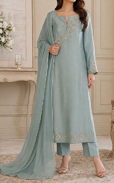 Mahveen Studio Light Turquoise Tissue Silk Suit | Pakistani Embroidered Chiffon Dresses USA- Image 2
