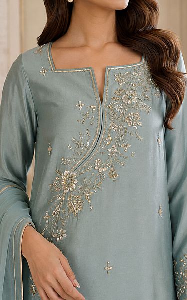 Mahveen Studio Light Turquoise Tissue Silk Suit | Pakistani Embroidered Chiffon Dresses USA- Image 3