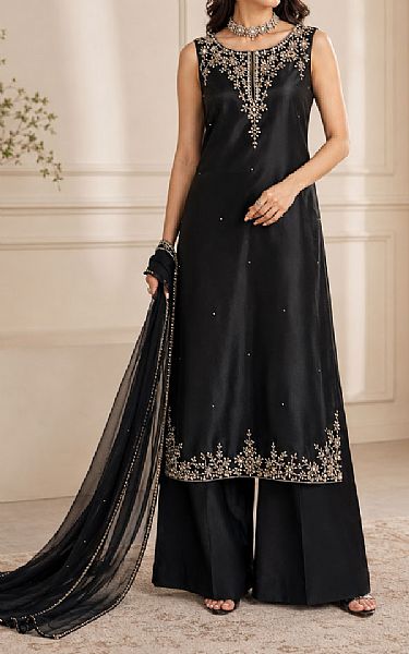 Mahveen Studio Black Tissue Silk Suit | Pakistani Embroidered Chiffon Dresses USA- Image 1