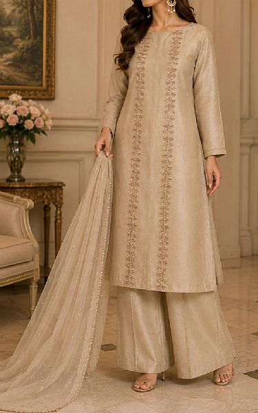 Mahveen Studio Golden Tissue Silk Suit | Pakistani Embroidered Chiffon Dresses USA- Image 2