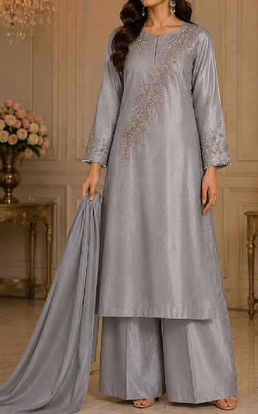 Mahveen Studio Grey Tissue Silk Suit | Pakistani Embroidered Chiffon Dresses USA- Image 1