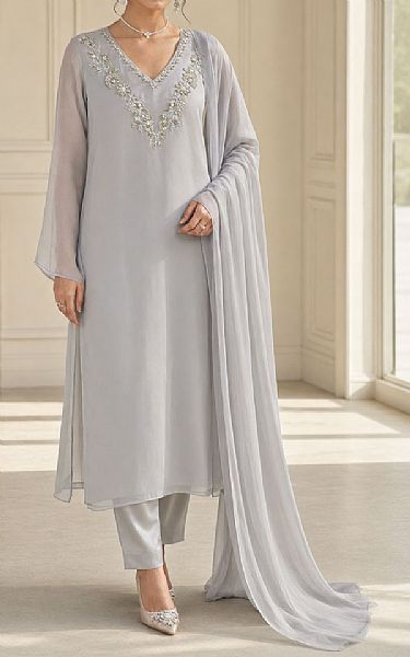 Mahveen Studio Light Grey Chiffon Suit | Pakistani Embroidered Chiffon Dresses USA- Image 1