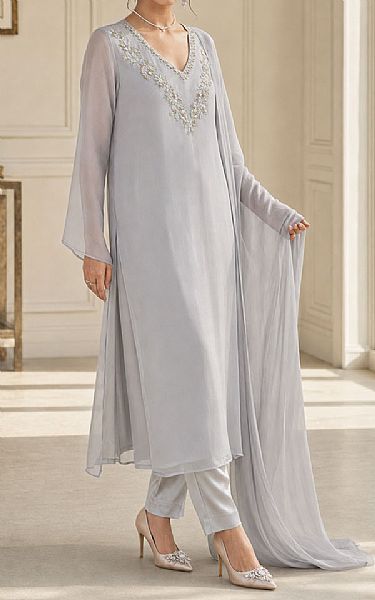 Mahveen Studio Light Grey Chiffon Suit | Pakistani Embroidered Chiffon Dresses USA- Image 2