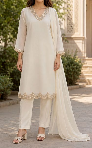 Mahveen Studio Off-white Chiffon Suit | Pakistani Embroidered Chiffon Dresses USA- Image 1