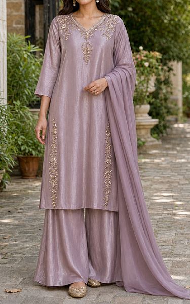 Mahveen Studio Light Mauve Tissue Silk Suit | Pakistani Embroidered Chiffon Dresses USA- Image 1