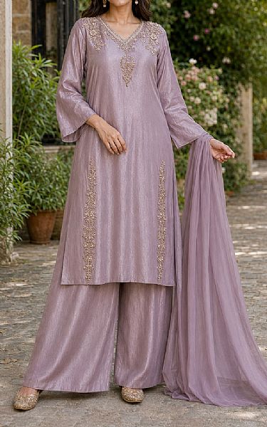 Mahveen Studio Light Mauve Tissue Silk Suit | Pakistani Embroidered Chiffon Dresses USA- Image 2