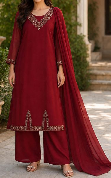 Mahveen Studio Deep Red Chiffon Suit | Pakistani Embroidered Chiffon Dresses USA- Image 1