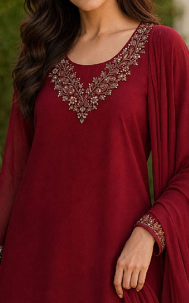 Mahveen Studio Deep Red Chiffon Suit | Pakistani Embroidered Chiffon Dresses USA- Image 2