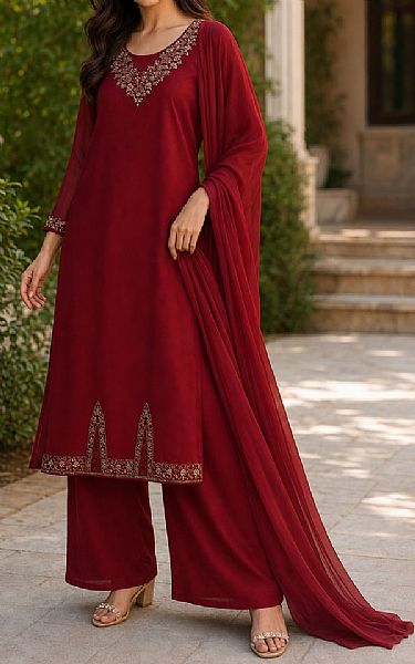 Mahveen Studio Deep Red Chiffon Suit | Pakistani Embroidered Chiffon Dresses USA- Image 3
