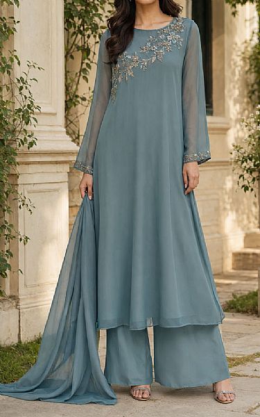 Mahveen Studio Cadet Blue Chiffon Suit | Pakistani Embroidered Chiffon Dresses USA- Image 1