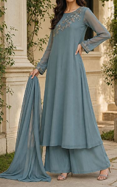 Mahveen Studio Cadet Blue Chiffon Suit | Pakistani Embroidered Chiffon Dresses USA- Image 2