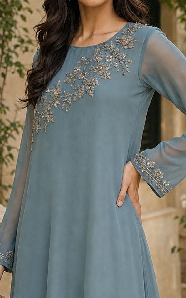 Mahveen Studio Cadet Blue Chiffon Suit | Pakistani Embroidered Chiffon Dresses USA- Image 3