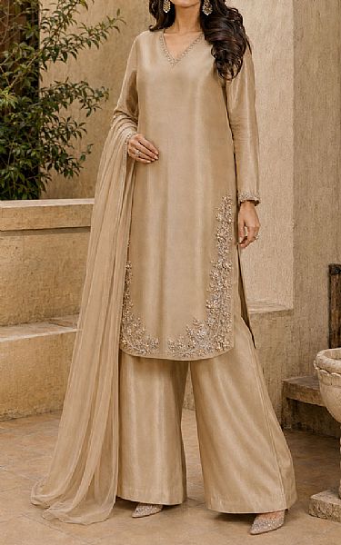 Mahveen Studio Fawn Tissue Silk Suit | Pakistani Embroidered Chiffon Dresses USA- Image 1
