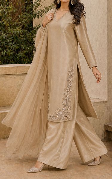 Mahveen Studio Fawn Tissue Silk Suit | Pakistani Embroidered Chiffon Dresses USA- Image 2