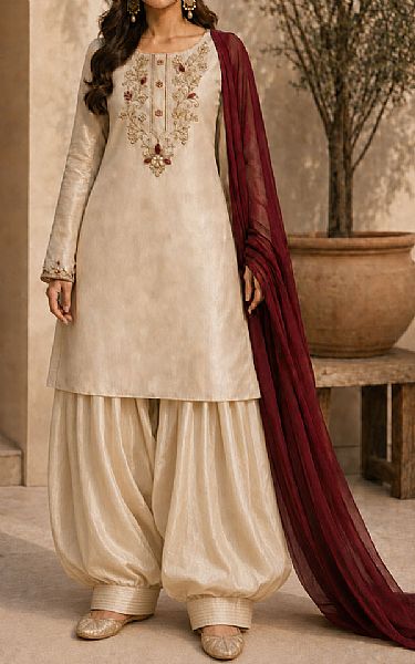 Mahveen Studio Light Golden Tissue Silk Suit | Pakistani Embroidered Chiffon Dresses USA- Image 1